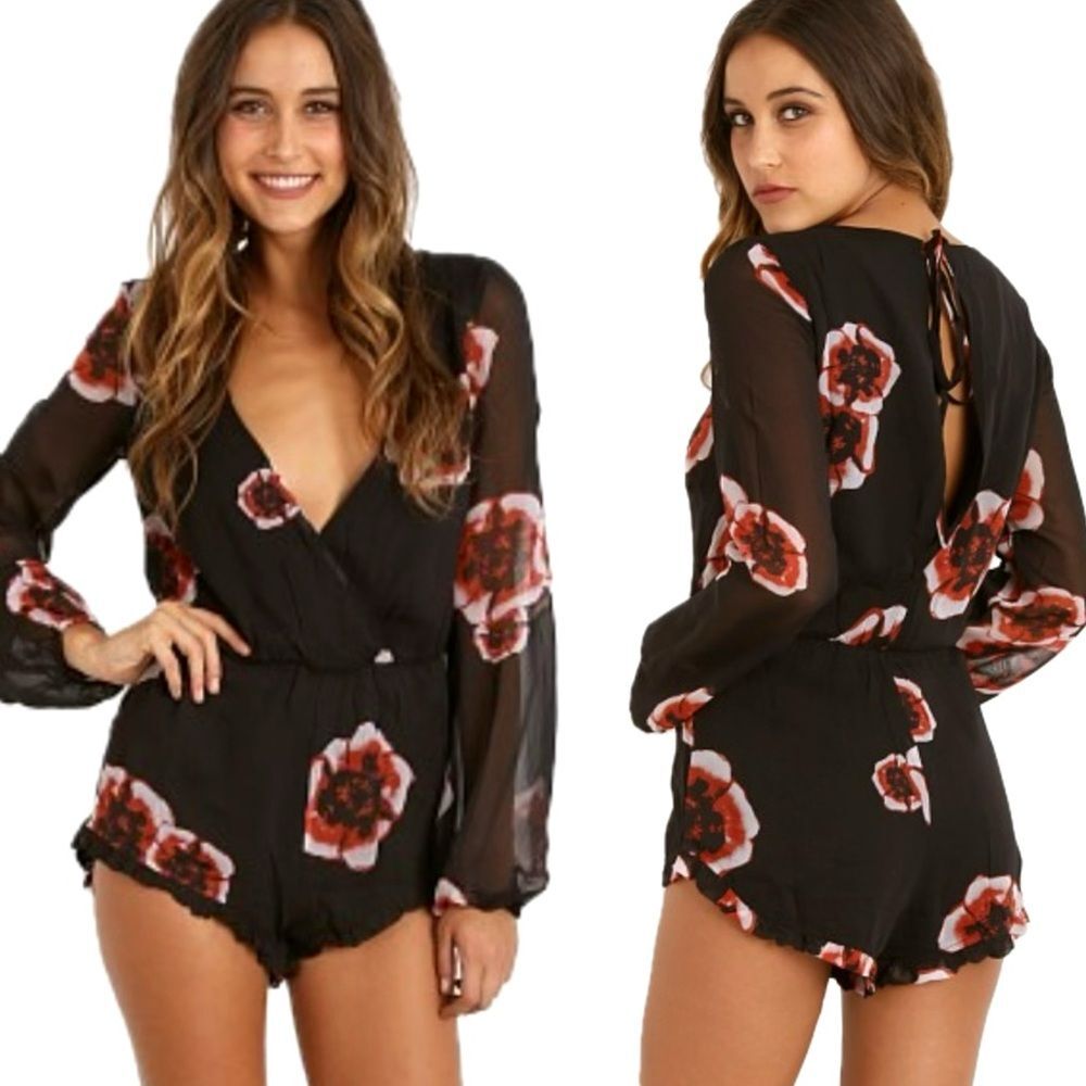 Winston White Floral Romper Size XS Ruffle Hem Open Back Sheer Long Sleeve Fairy